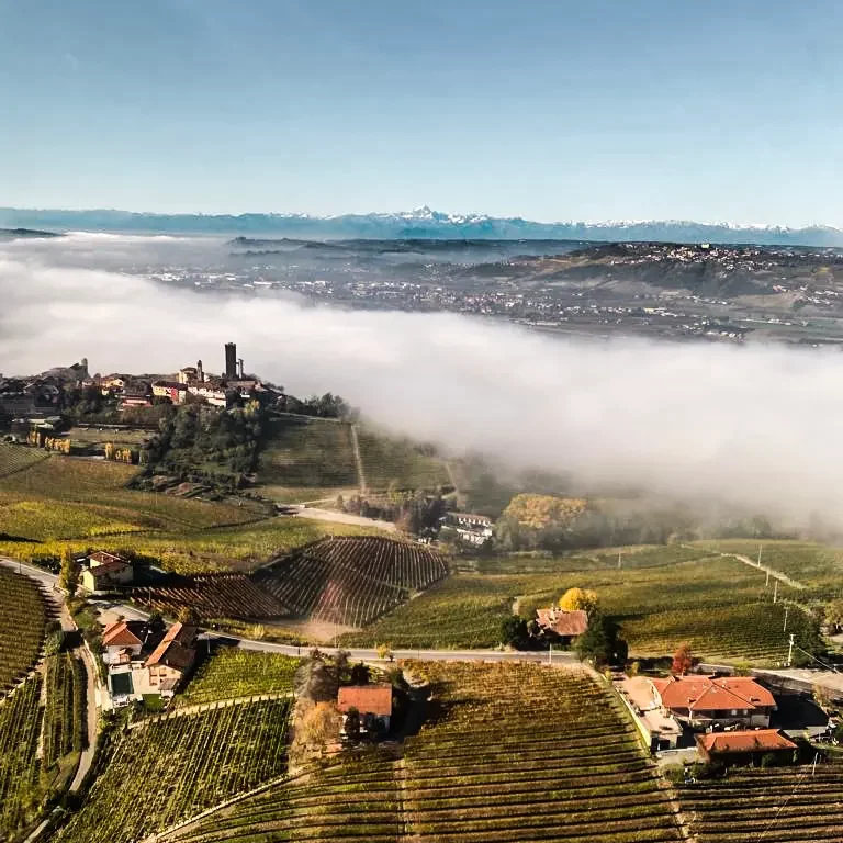 Torre di Barbaresco in volo con nebbia bassa